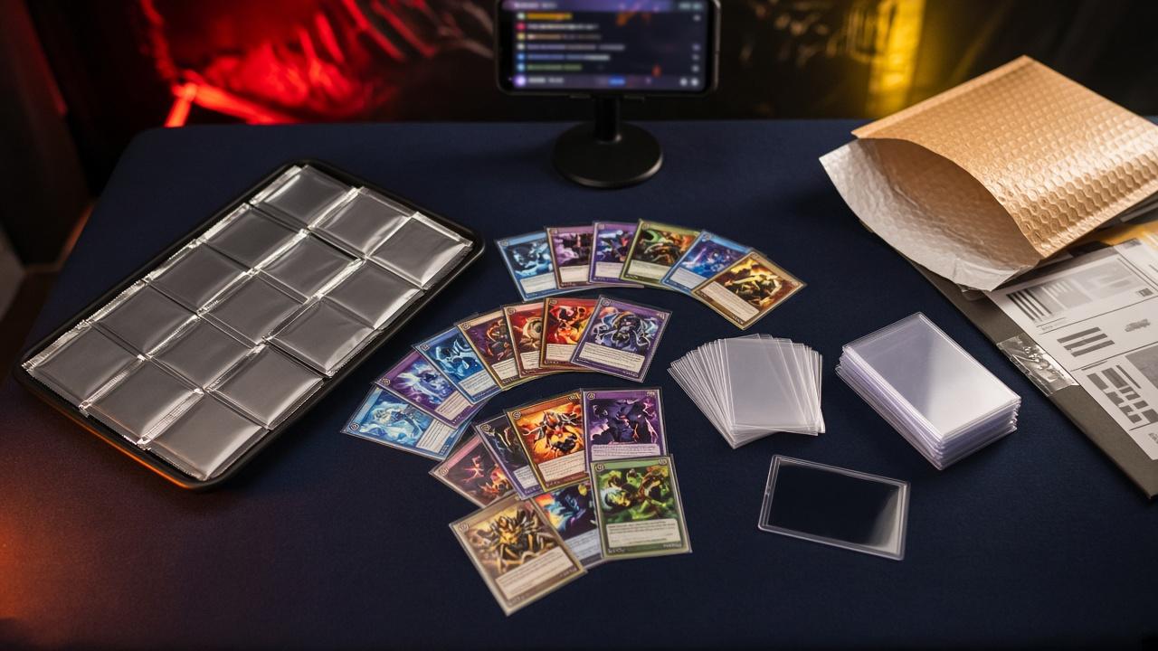 Overhead view of a live break table: sorted cards, sleeves, toploaders, a bubble mailer and a phone showing the stream chat