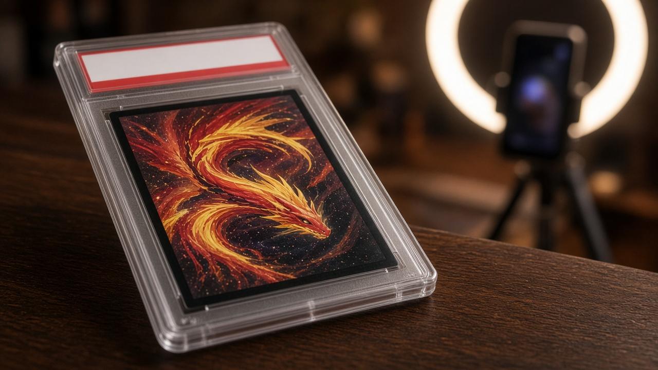 A graded card slab with a fictional fire dragon card on a wooden table, a ring light and phone set up for a live stream behind it